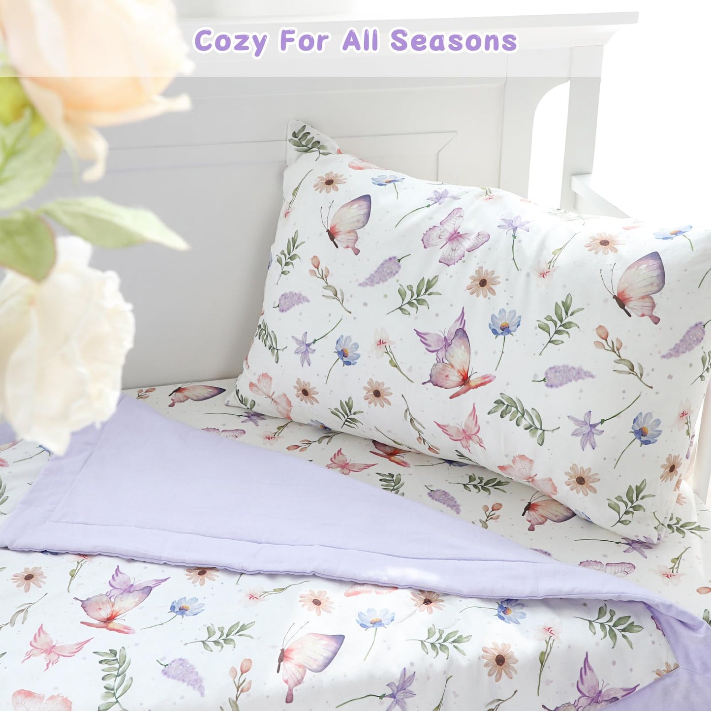 Pea Pod Muslin Toddler Bedding Set 3-Piece - Soft Breathable Crib Bedding with Fitted Sheet, Quilt & Pillowcase for Infant & Kids Bed | Machine Washable Nursery Bed Set (Butterfly)