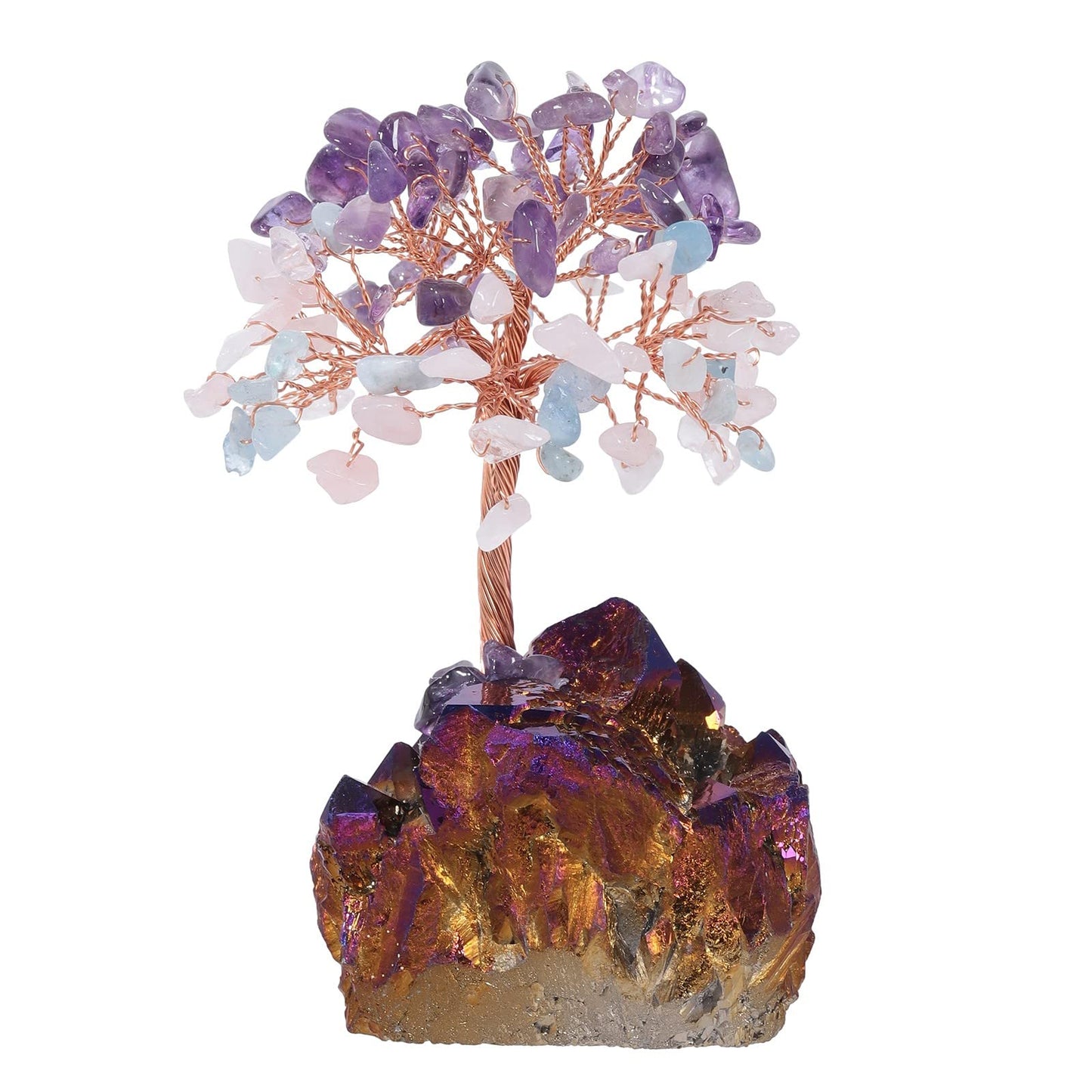 moonsix Feng Shui Crystal Tree with Purple Gold Titanium Coated Rock Quartz Cluster Base Lucky Money Bonsai Healing Tree, Amethyst & Rose Quartz & Aquamarine