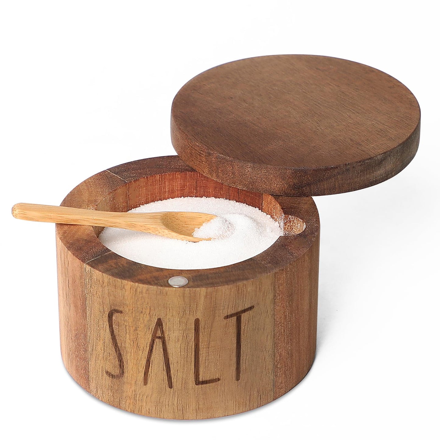 Acacia Wood Spice Box with Swivel Lid and Built-in Spoon for Kitchen Countertop, Farmhouse Kitchen Decoror for Storing Salt, Peppers, Sugar or Seasonings (Labeled “SALT”)