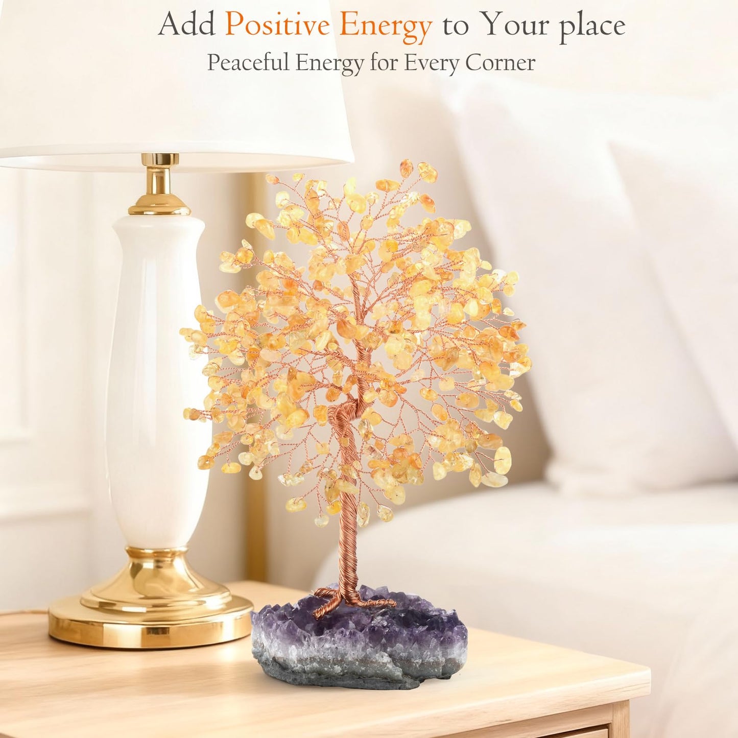 MASGEMES Gemstone Crystal Tree of Life,Natural Citrine(406 Stones Count) with Amethyst Cluster Base,Chakra Healing Crystals Positive Energy Fengshui Bonsai Money Tree Gift 8.5"-9"