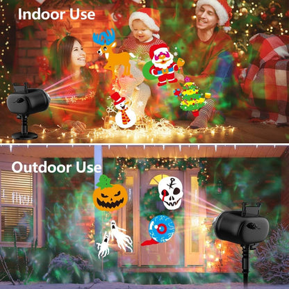 Halloween Slide Show Outdoor Holiday Projector, 2 in 1 Water Wave Outside Projector Lights Christmas with Dynamic 16 HD Patterns for House, Garden, Yard, Xmas, New Year, Thanksgiving Day