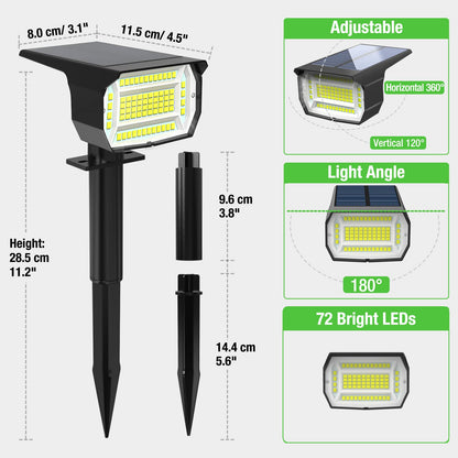3Pcs Solar Spot Lights Outdoor Garden 72 LED 3 Modes IP67 Waterproof Landscape Spotlights, Auto ON/Off Dusk Till Dawn Uplighters for Garden, Yard, Driveway, Pathway