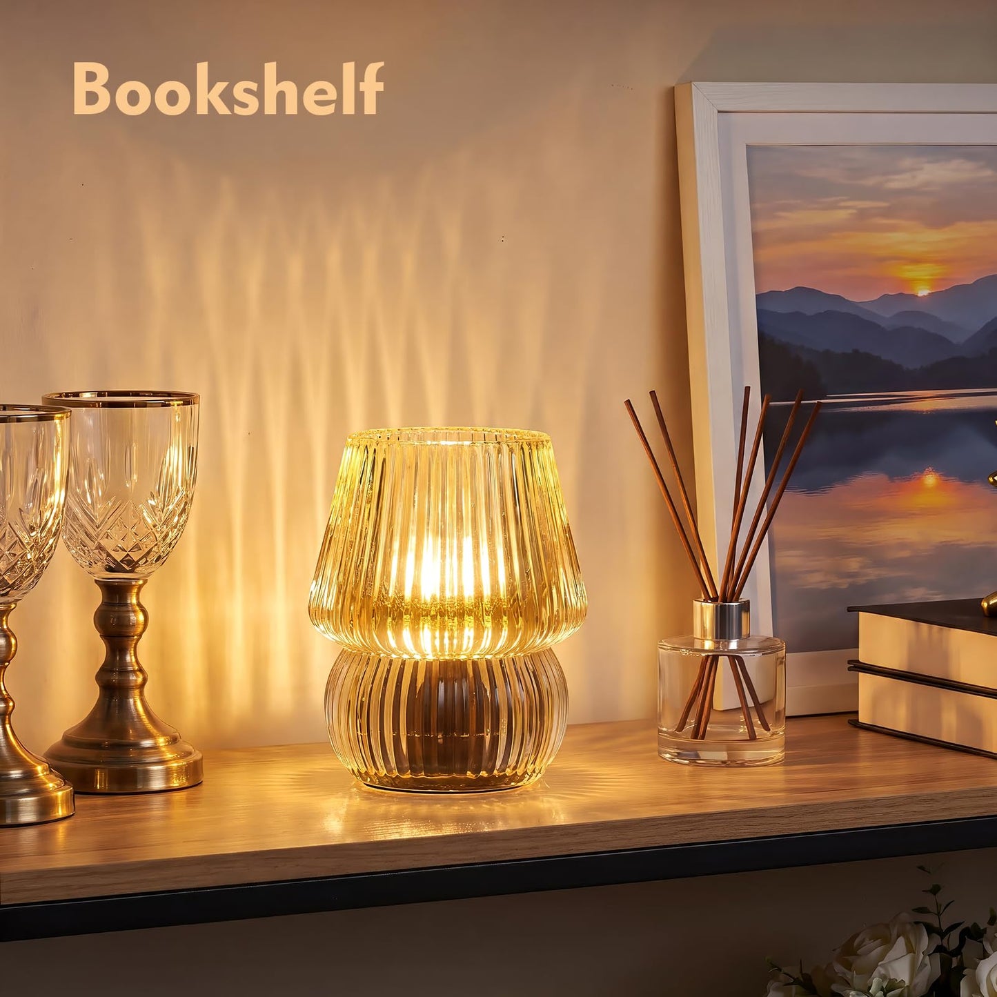 SisiHokai Small Battery Operated Lamp with Timer, Tiny Cordless Glass Table Lamp for Home Decor, Kitchen, Bathroom, Birthday Gift for Women, Mushroom, Amber