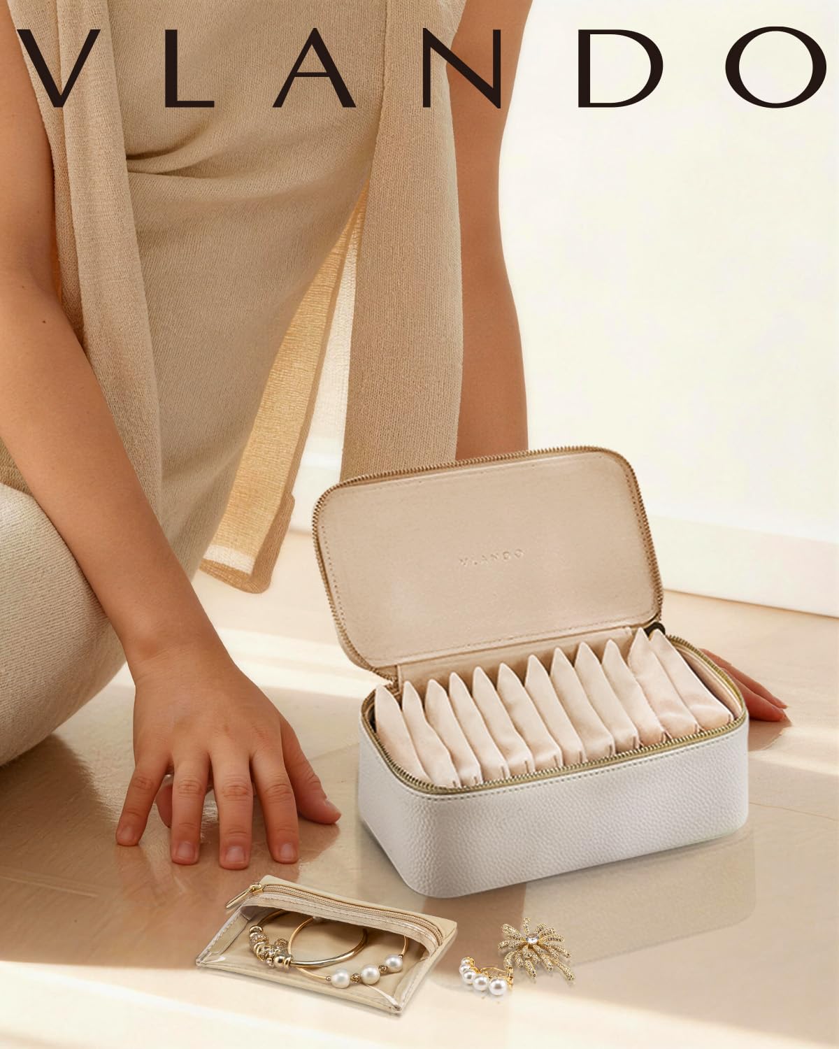 VLANDO Travel Jewelry Case,Jewelry Box with 12 Velvet Jewelry Pouch Jewelry Travel Organizer for Mothers Day Mom Gifts, Jewelry Case Necklace Rings Earrings Bags Wedding Gifts (White)