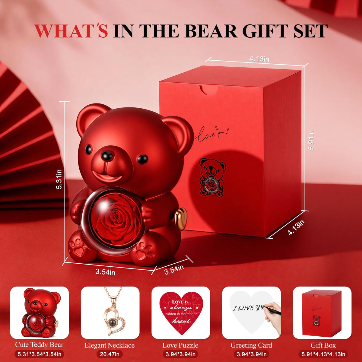 Hangerspace Cute Teddy Bear with Preserved Rose, Hidden Surprise Necklace Rotating Gift Box for Her, Romantic Eternal Rose Flowers for Valentine’s Day, Mother’s Day, Christmas, Birthday, Anniversary