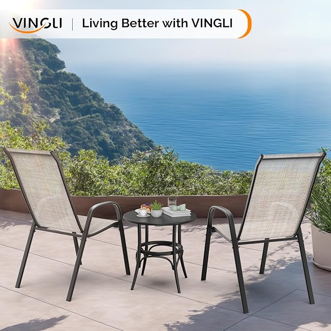 VINGLI Patio Chairs Set of 4 – Stackable Outdoor Dining Chairs with Comfortable Sling High Back Chairs and Armrests for Lawn, Poolside, Courtyard, Balcony, Garden, Yellow