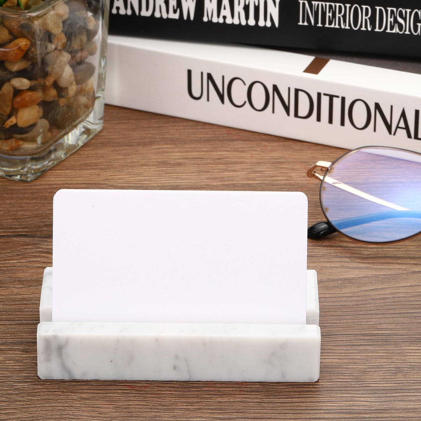 PATIKIL Business Card Holder for Desk, 2 Pack Marble Business Card Holders Stone Card Stand Organizer Cards Display for Office Exhibition, White