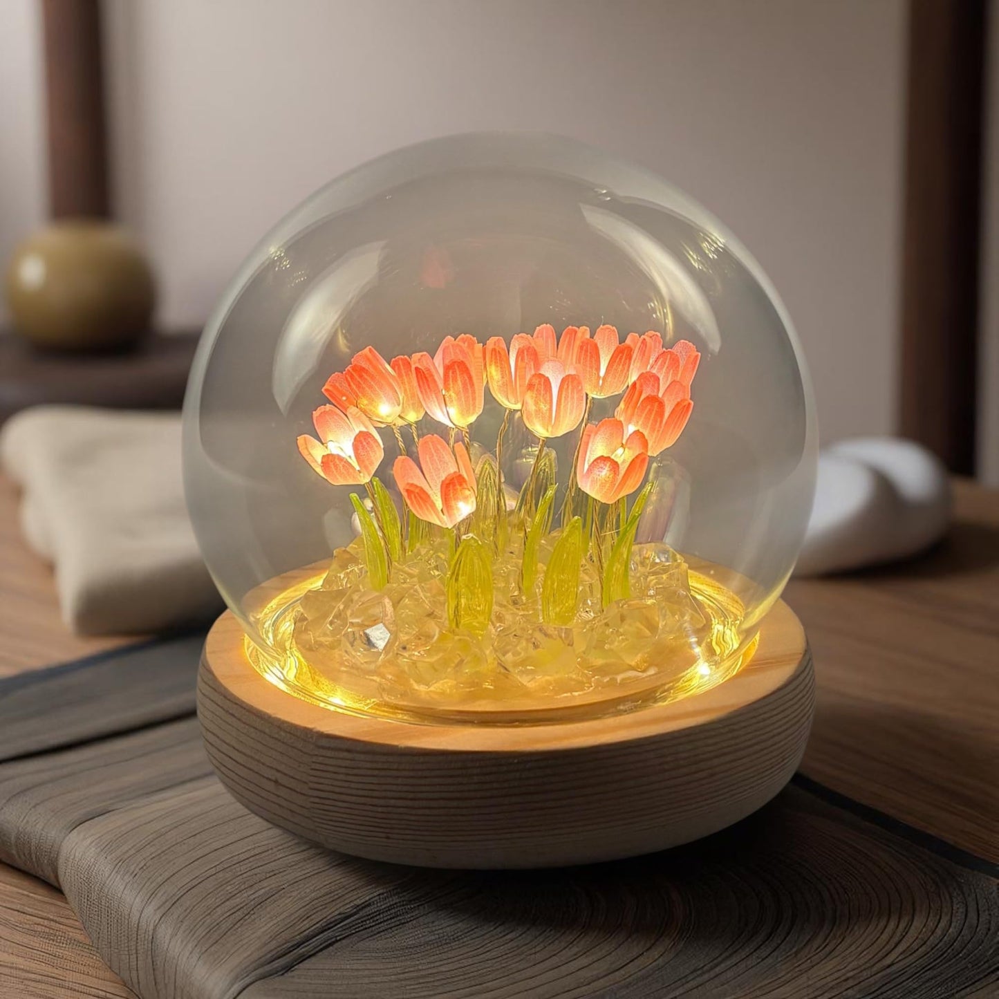 ALYMACK Tulip Lamp Glass Globe - Illuminated Flower Lamp with Glowing Blooms on Wooden Base - Battery-Powered Decorative Night Light for Bedroom, Living Room & Home Decor
