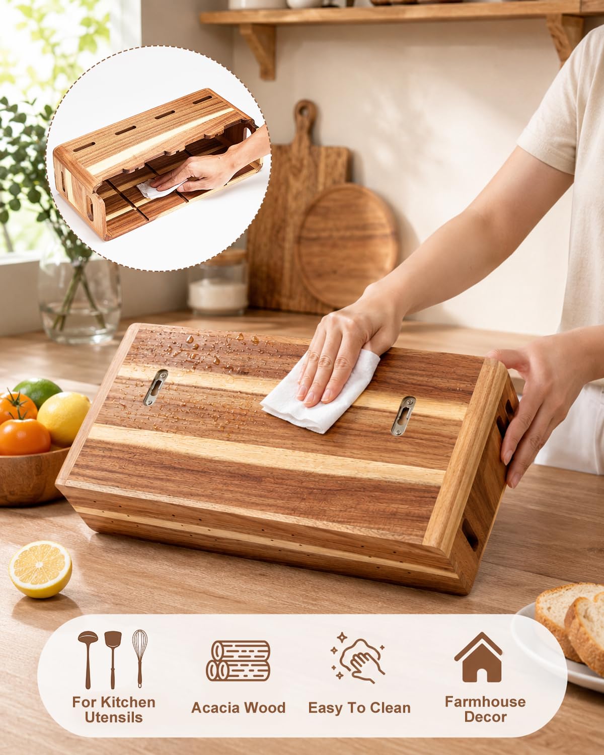 YEZHEXI Acacia Wood Utensil Holder for Kitchen Counter, 4-Compartment Large Kitchen Utensil Organizer, Wood Utensils Organizer for Cooking Tools and Silverware, Farmhouse Kitchen Decor