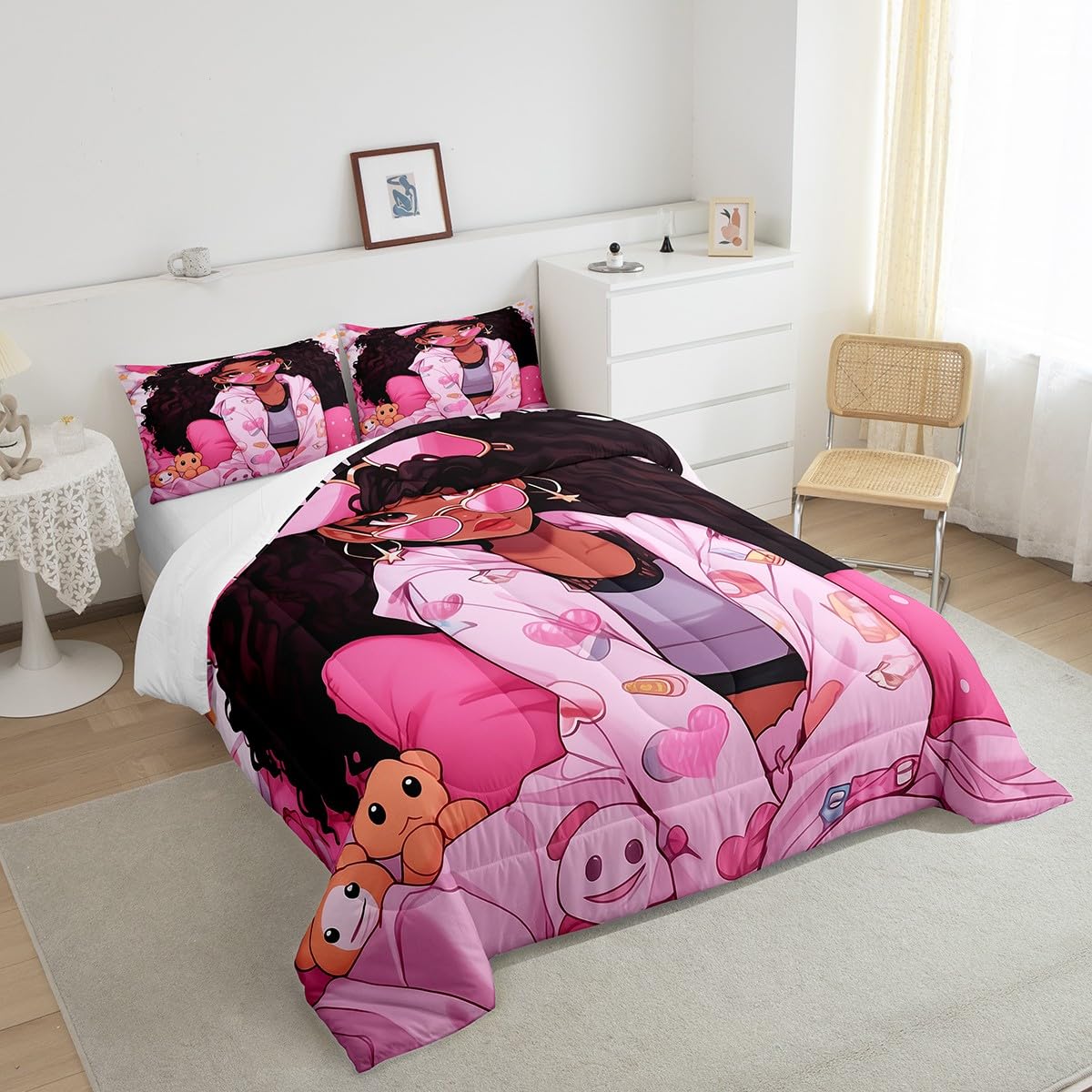 Black Little Girl Kids Comforter Set Full Size,Cartoon Bears Love Heart Dots Bedding Set,Girls Women Room Decor,Afro American Style Girls Down Comforter,Pink Princess Duvet Insert,2 Pillowcases