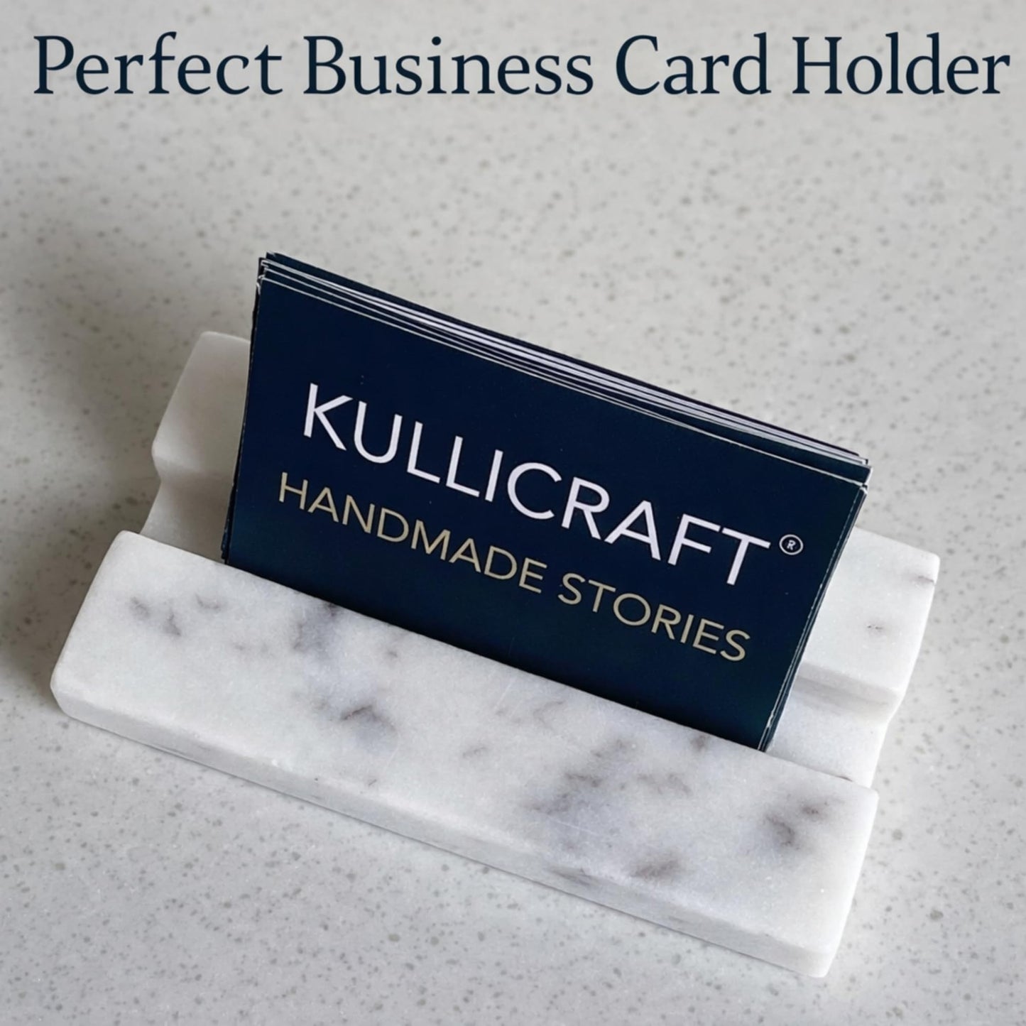 KC KULLICRAFT Business Card Holder for Desk - Business Card Display Holder - Made Of White Carrara Marble - Desk Organizer Stand For Business Cards - Cute Office Desktop Accessory For Men And Women.