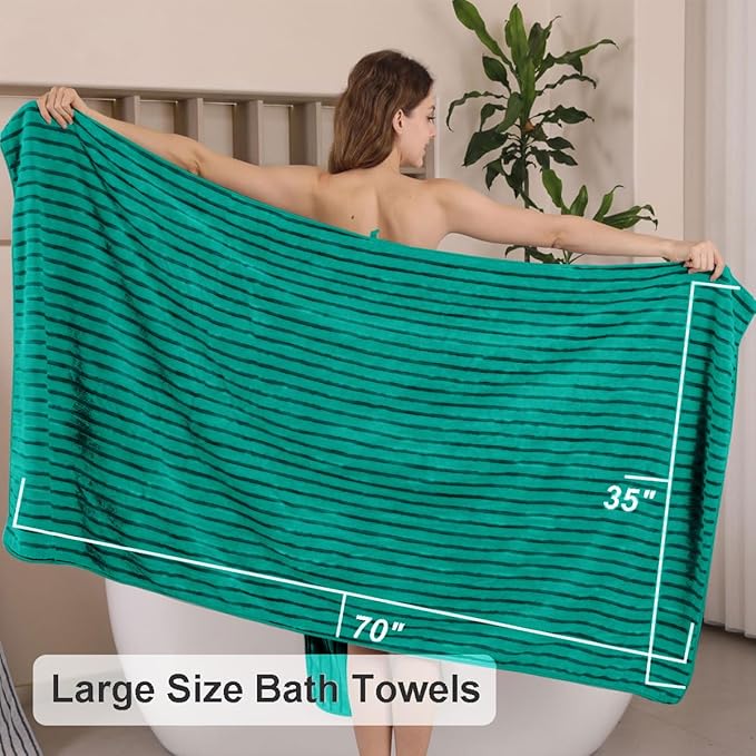 4 Pcs Blue Green Cabana Stripe Large Bath Towels 35"x70" Oversized Bath Sheet