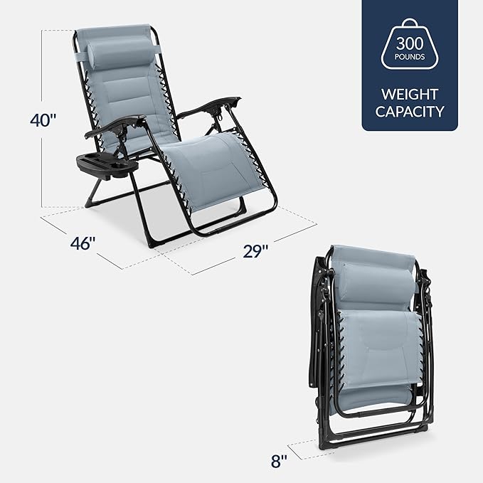 Best Choice Products Oversized Padded Zero Gravity Chair, Folding Outdoor Patio Recliner, XL Anti Gravity Lounger for Backyard w/Headrest, Cup Holder, Side Tray, Polyester Mesh - Breeze Blue