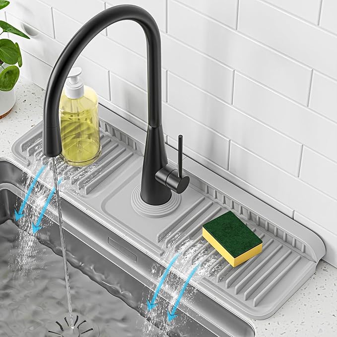 PoYang 17.7 inch Faucet Mat for Kitchen Sink Splash Guard, 7° Slope Silicone
