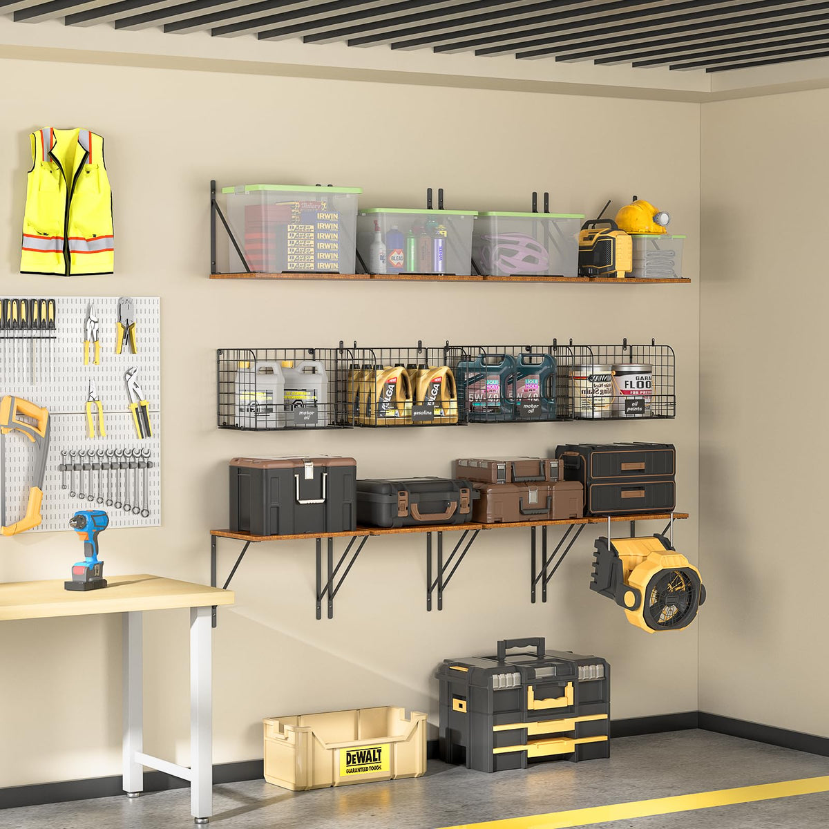 ThreeHio 2 Pack Garage Shelves Wall Mounted with Wire Storage baskets, Heavy Duty Garage Wall Shelving with Hooks, Wooden floating shelves Tool Organizer for Home Garden Garage Organizers and Storage