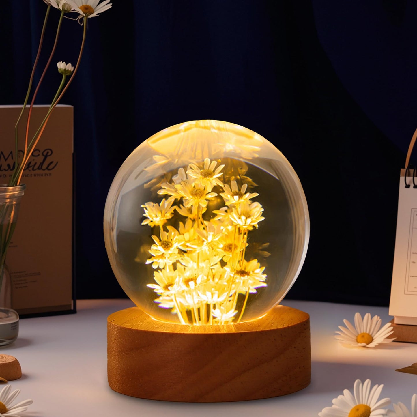 Daisy Decor Gifts,Daisy Flower Lamp Crystal Ball Night Light,2.4 Inch Glass Ball Lamp with LED Wooden Base,Soft Warm White Lighting for Women Best Friends Sister Birthday Xmas Aesthetic Gift(Yellow)