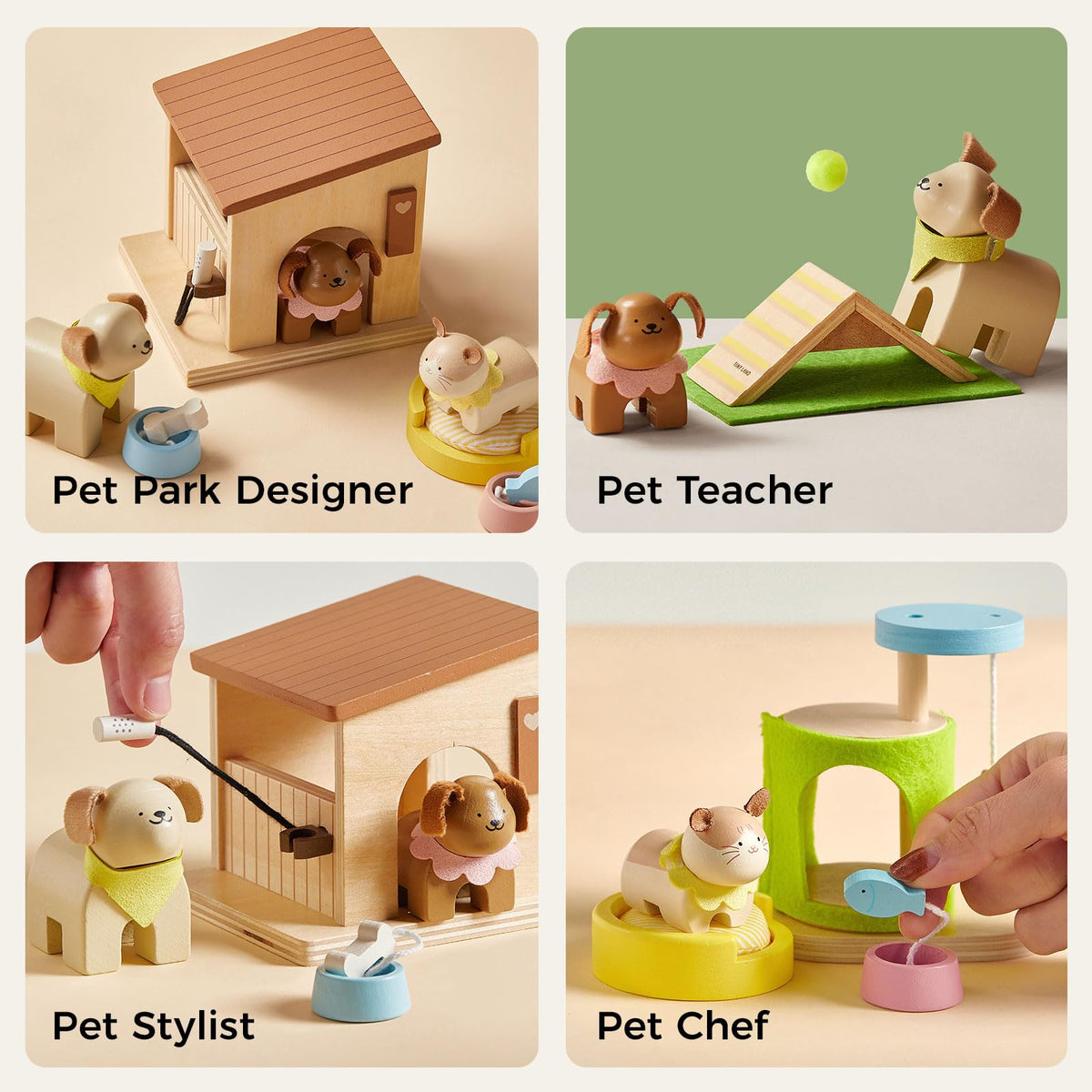 Tiny Land Wooden Dollhouse Animal Set for Toddlers, Dollhouse Accessories & Dolls House Furniture Sets for Toddlers, Montessori Pretend Play Family Pets Set Toys, Gift for Kids Age 3+