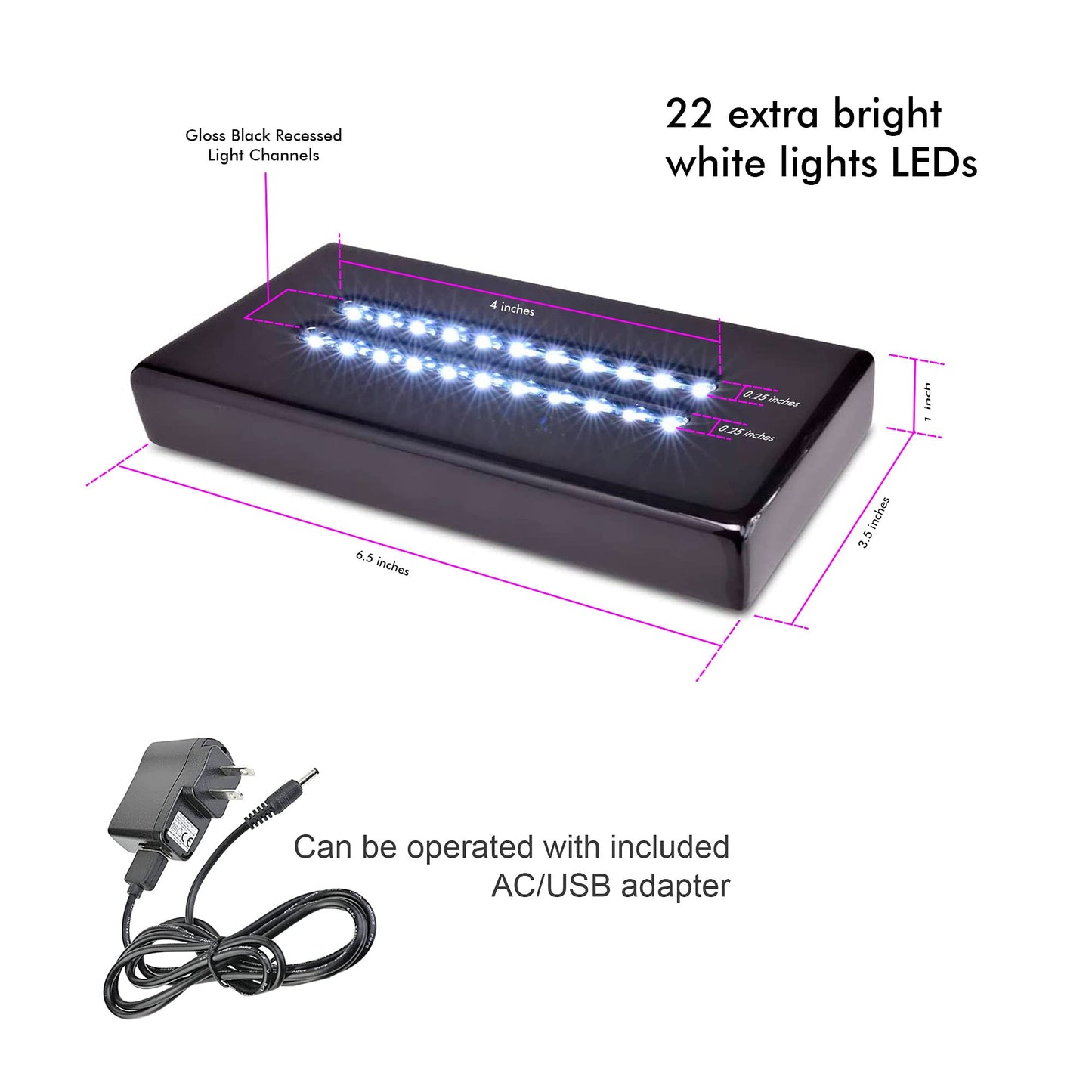ASENTE 20 LED Lighted Base for Glass Art - Rectangular Satin Matte Black White Light Stand Base for 3D Art Glass, Room Decor and Gemstones and Crystals - AC/USB Adapter Powered (Black)