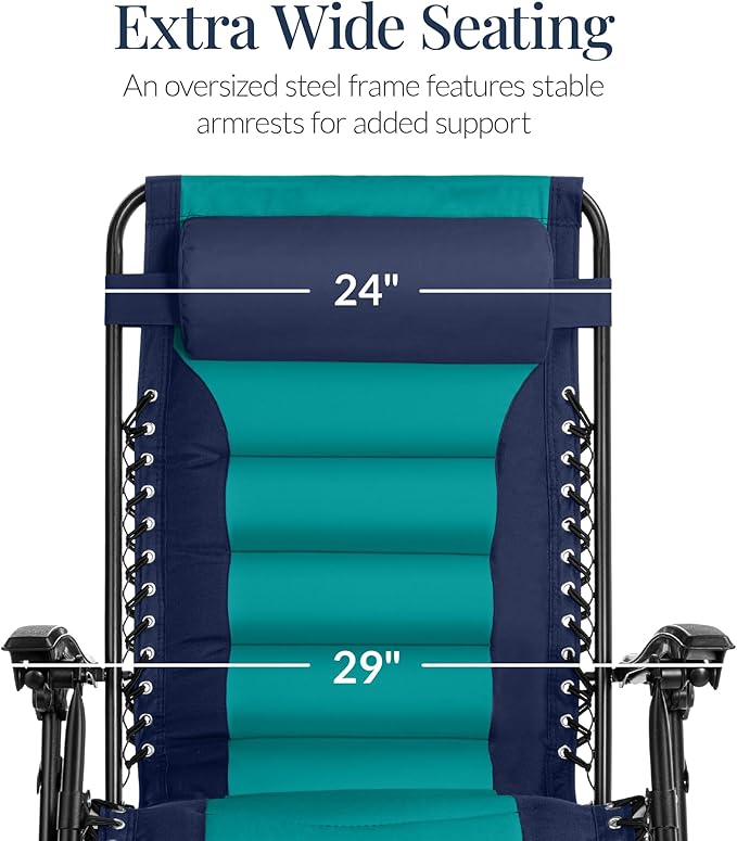 Best Choice Products Oversized Padded Zero Gravity Chair, Folding Outdoor Patio Recliner, XL Anti Gravity Lounger for Backyard w/Headrest, Cup Holder, Side Tray, Polyester Mesh - Navy/Teal