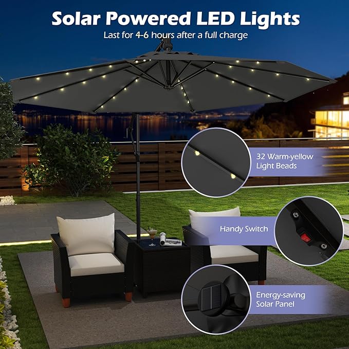 Tangkula 10ft Solar LED Patio Umbrella with Base, Offset Cantilever Outdoor Umbrella with 32 LED Lights, Infinite Tilt, 360 Degree Rotation, Crank Handle for Pool Deck Garden Backyard (Gray)