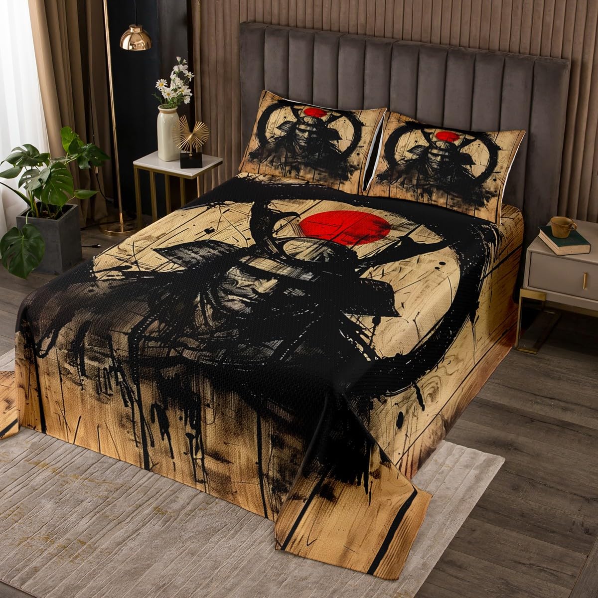 Homewish Japanese Samurai Bedspread King Size,Black Graffiti Bedding Set 3Pcs for Kids Girls Boys Adult Room Decor,Swordsman Art Quilt Comforter Rustic Brown Wooden Coverlet,2 Pillowcases