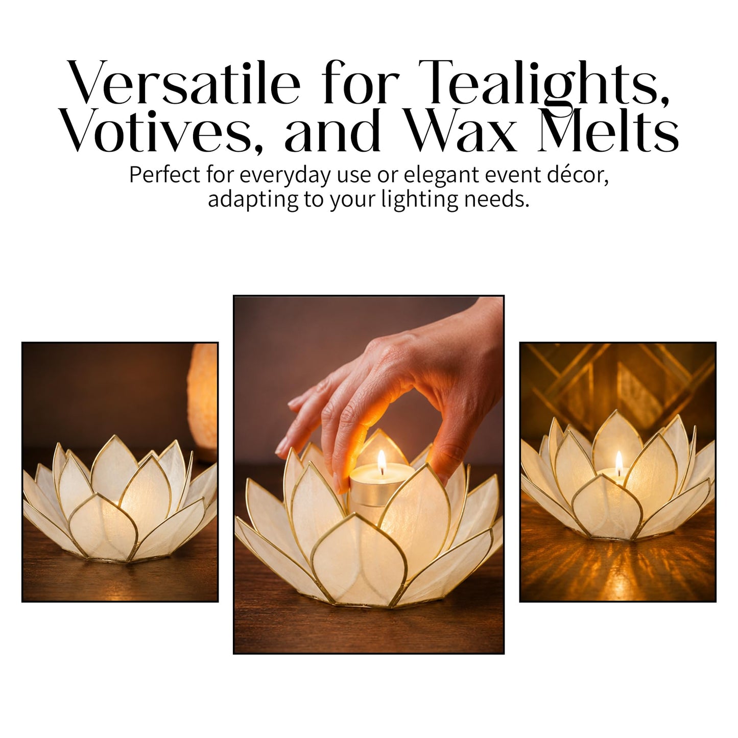 Om Gallery Mini Gemstone Lotus Tealight Holder - Handcrafted Capiz Shell Design for Soft Glow, Elegant Home & Table Decor, Wedding Centerpieces, Votive Candle Styling & Thoughtful Gifting - Pearl
