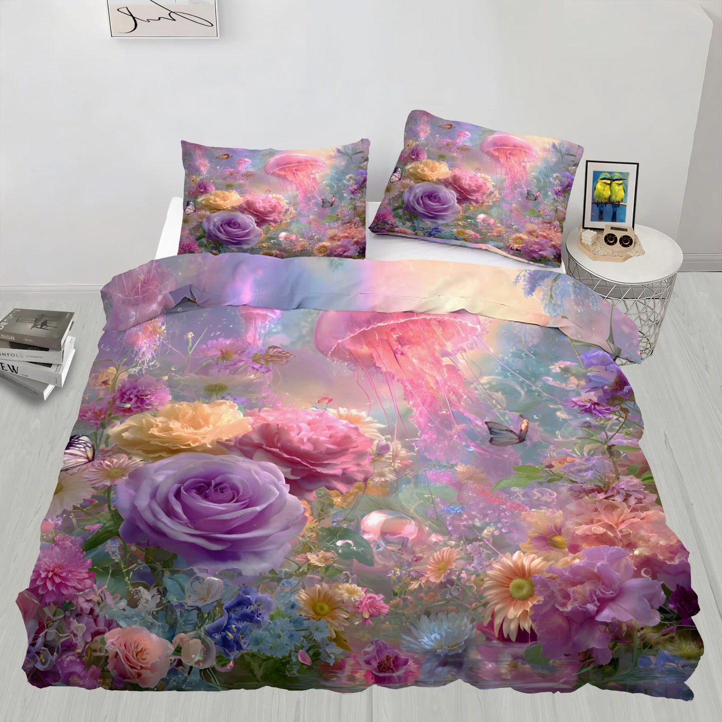 ZAOMIR Girls Floral Jellyfish Duvet Cover Set King for Women, Ocean Jellyfish Flower Garden Butterfly Bedding Set 3Pcs, Fantasy Style Pastel Pink Purple Comforter Cover with 2 Pillowcases