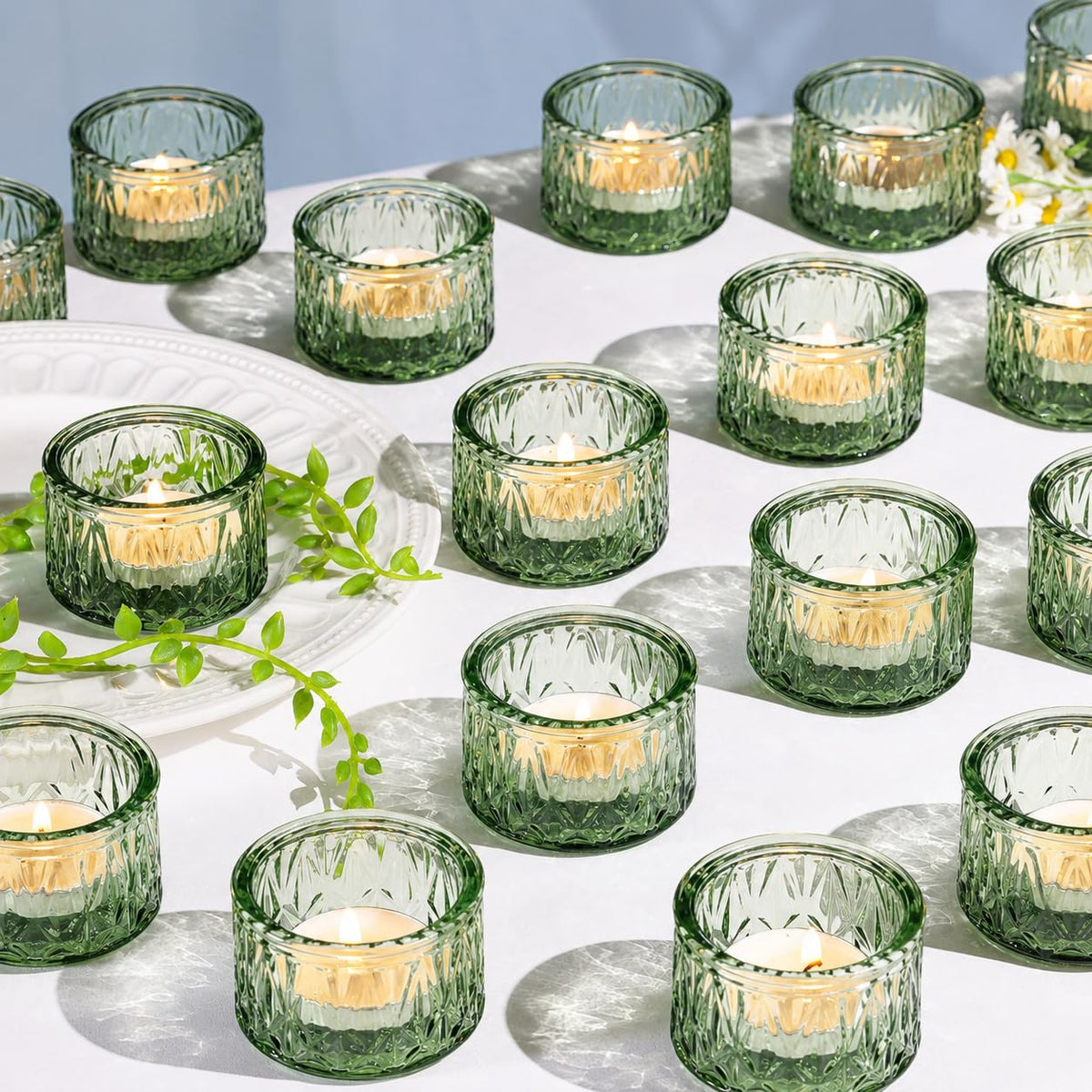 DEVI Green Tea Lights Candle Holders 24 Pcs for Wedding Decorations, Glass Votive Candle Holder, Wedding Table Centerpieces, Retro Party Decorations
