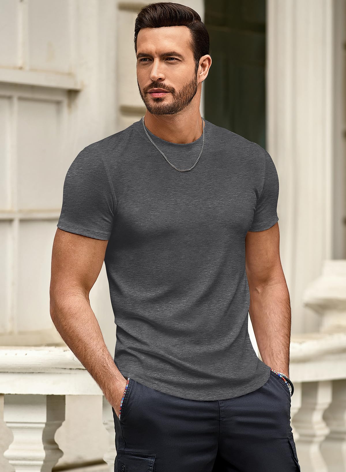 JMIERR Mens Short Sleeve Casual Shirts Muscle Slim Fitted Fashion Shirt Crewneck Longline Tees Shirts for Gym Workout Athletic, US 46(XL), Dark Grey