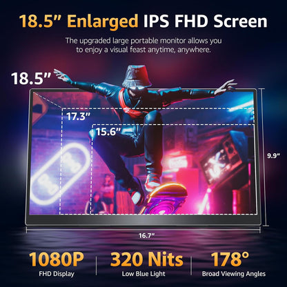 Portable Monitor 18.5" FHD 125% sRGB 100Hz IPS HDR HDMI USB-C Travel Monitor for Laptop MacBook PC Surface PS5 Xbox, Large External Display with Kickstand & Speakers, VESA Compatible