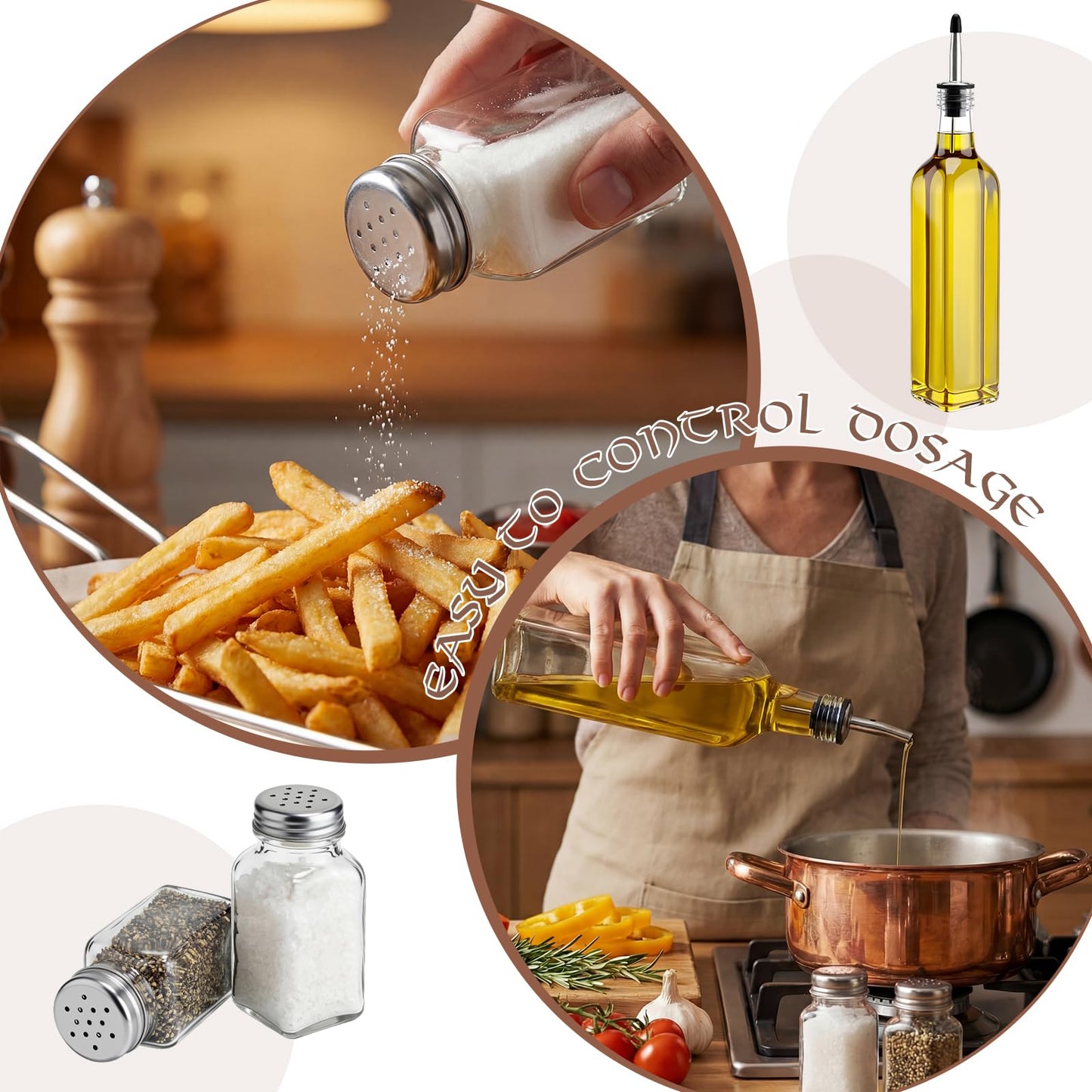 Rtteri 6 Pcs Kitchen Dispenser Set, 17 oz Oil Dispenser Bottle 2.7oz Salt and Pepper Shakers with Stainless Steel Funnel Brush and Labels for Pantry Cooking BBQ Countertop Home Restaurant
