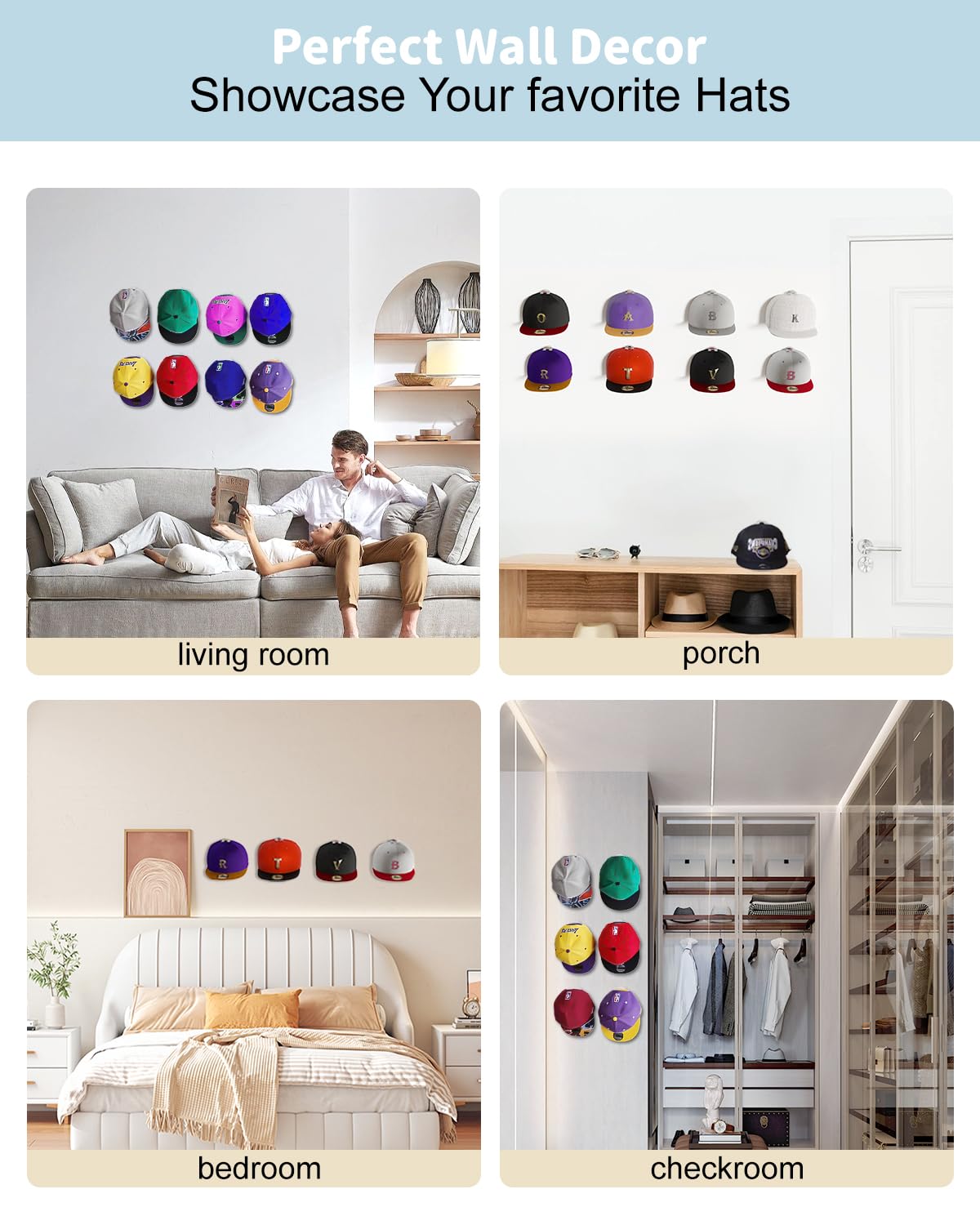 MSKEI Hat Hooks for Baseball Cap - Adhesive Hat Racks and Display Ball Caps Holder, 2 Different Ways Hat Wall Hanger, Hat Organizer (Transparent, 24 Pack)