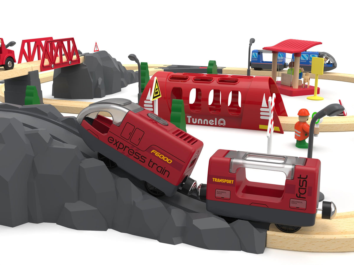Remote Control Train Set with Light & Sound Tunnel – Battery Operated Bullet Train for Wooden Track, Compatible with Thomas & Brio, Gift for Kids 3-5