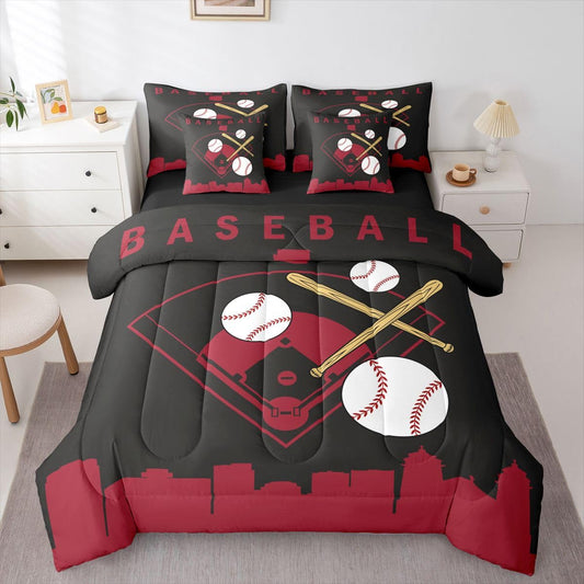 Erosebridal Baseball 7 Piece Bed in A Bag Full Size Softball Sports Boys Comforter Set Cover Baseball Bat Bedding Set for Kids Teens Adult Men City Building Black Red Sheet Sets