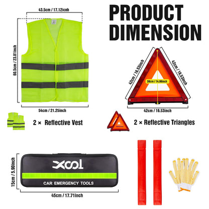 XOOL Emergency Warning Triangle Kit – Roadside Safety Kit with Reflective Warning Triangles, High-Visibility Safety Vests, Storage Bag & Gloves for Car Breakdowns & Emergencies