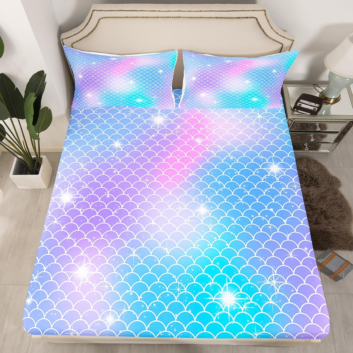 Feelyou Mermaid Scale Fitted Sheet Fish Scales Bedding Set Sea Underwater World Bed Sheet Set for Boys Girls Children Teens Ocean Marine Theme Bed Cover Fanstry Bedroom Decor Dreamy Twin Size