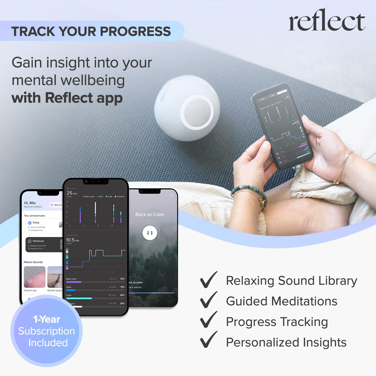 Reflect Orb: Smart Tracker for Stress Relief & Mental Health. Biofeedback Device to Enhance Focus, Reduce Anxiety, Support ADHD, Master Meditation & Mindfullness, Emotional Regulation Self-Care Gift