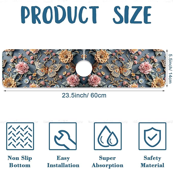 Gold Butterfly Kitchen Sink Splash Guard Faucet Mat Pink Floral Super Absorbent