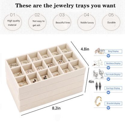 AIRZSNRY Velvet Jewelry Organizer for Drawer, Stackable Jewelry Drawer Inserts in Dresser, 8in Beige Storage Display Case for Rings Stud Necklaces Accessories, Set of 12