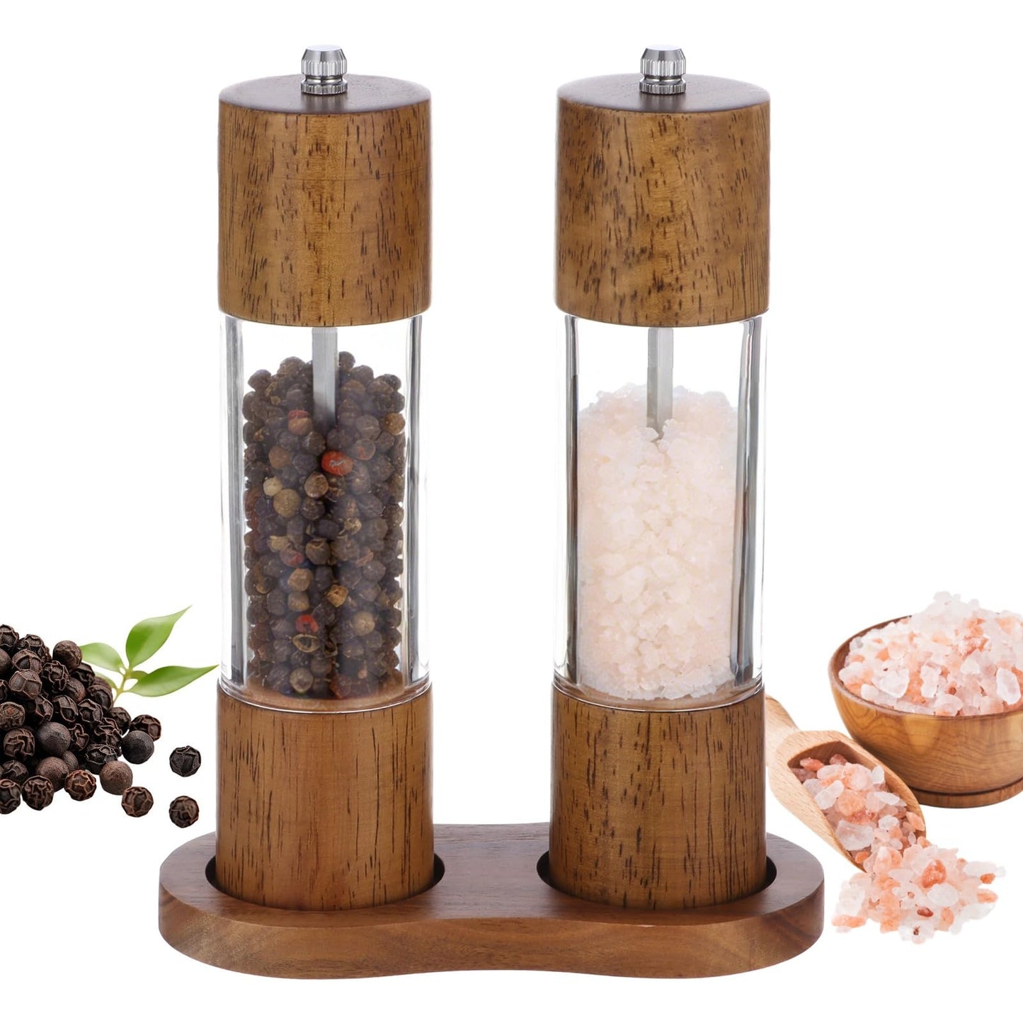 Acacia Wood Salt and Pepper Grinder Set, 2 Pcs 8.5" Wooden Salt and Pepper Shakers, Including Wooden Base, Refillable Spice Wooden Mills, Ideal for Kitchen, Dining Table