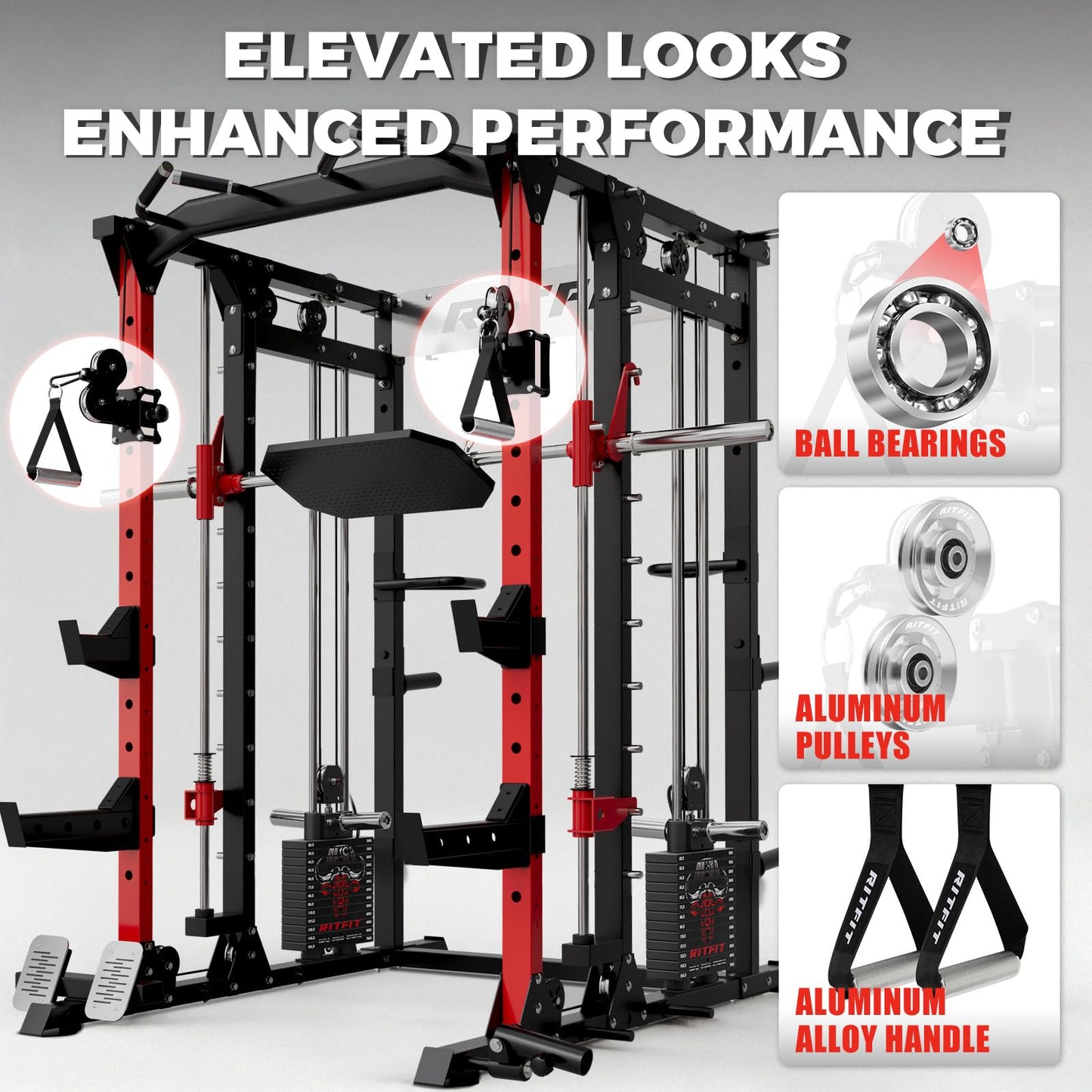 RitFit Buffalo Smith Machine Package, All-in-One Power Cage with Weight Stack , Power Rack with Cable Crossover & Leg Press Attachment for Home Gym(RED,BWB01)