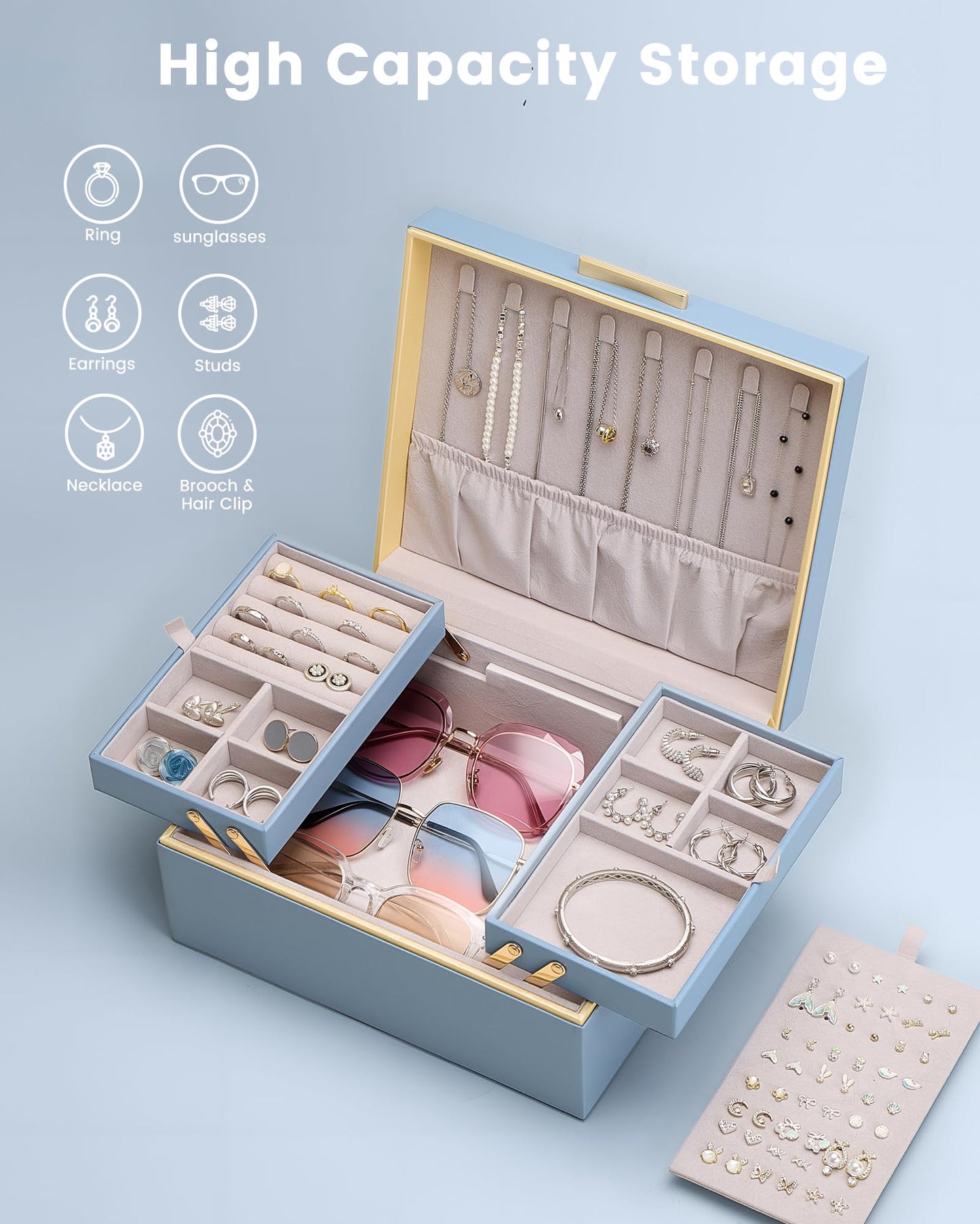Lolalet Jewelry Box Organizer for Women Girls, 2 Layer Jewelry Organizers and Storage for Necklace Earrings Rings Bracelets, Large Jewellery Holder Case Birthday Mothers Day Gifts -HazeBlue