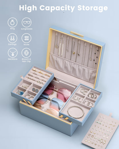 Lolalet Jewelry Box Organizer for Women Girls, 2 Layer Jewelry Organizers and Storage for Necklace Earrings Rings Bracelets, Large Jewellery Holder Case Birthday Mothers Day Gifts -HazeBlue