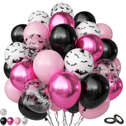 Pink Halloween Balloons Set, 50PCS 12 Inch Bat Confetti Balloon Pastel Metallic Pink and Black Party Balloon Bat Printed Helium for Girls Adults BOO Halloween Birthday Party Decorations Indoor Outdoor