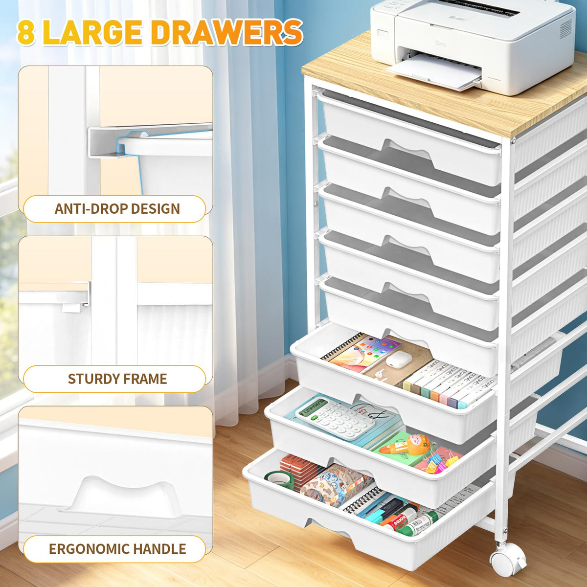 SUNALLY Rolling Cart With 8 Drawers, Storage Drawer Carts with Wooden Tabletop and 2 Lockable Wheels, 8 Tier Rolling Cart for Craft Art Supply Storage & Home Office Organization, White