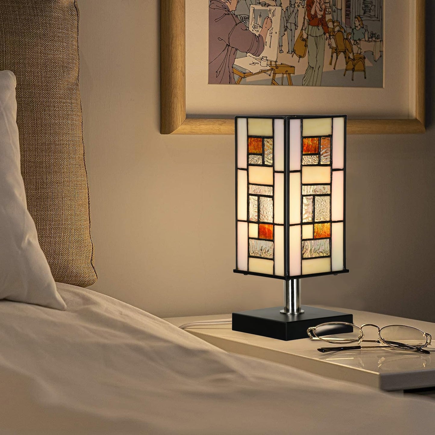 HomeBeauty TL0013 Small Retangular Tiffany Lamp Stained Glass Uplight Table Lamp, Mission Style Geometric Desk Nightstand Lamp for Bedroom Living Room Office Dorm, 4.5" W x 11" H, LED Bulb Included