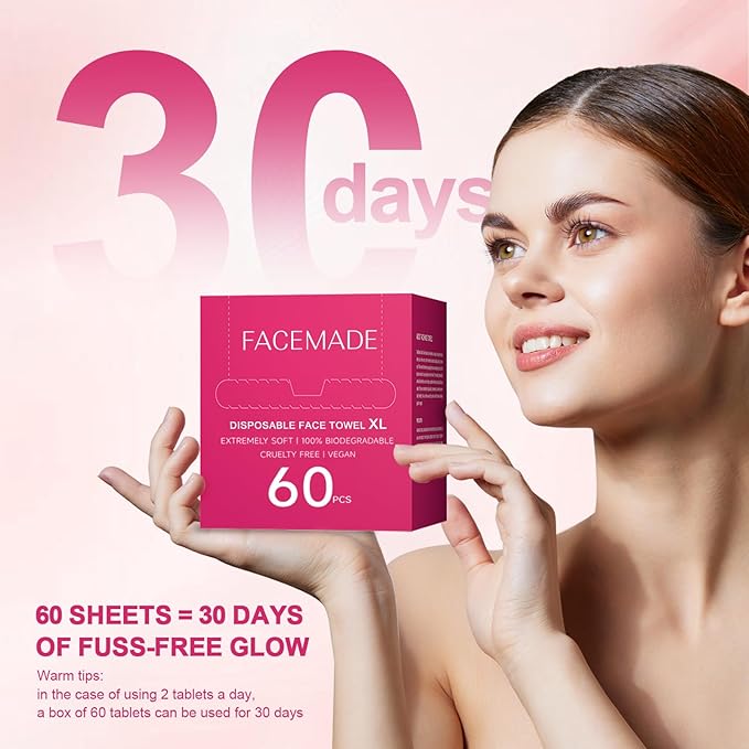 FACEMADE 60 Count Disposable Face Towels, 100% USDA Biobased Face Towelettes