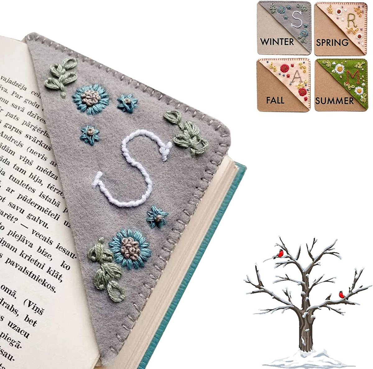 Personalized Hand Embroidered Corner Bookmark, 26 Letters Cute Flower Embroidered Corner Bookmark Embroidery Book Marker Clip for Book Lovers Bookmarks for Reading Lovers Meaningful GIF (Summer, T)