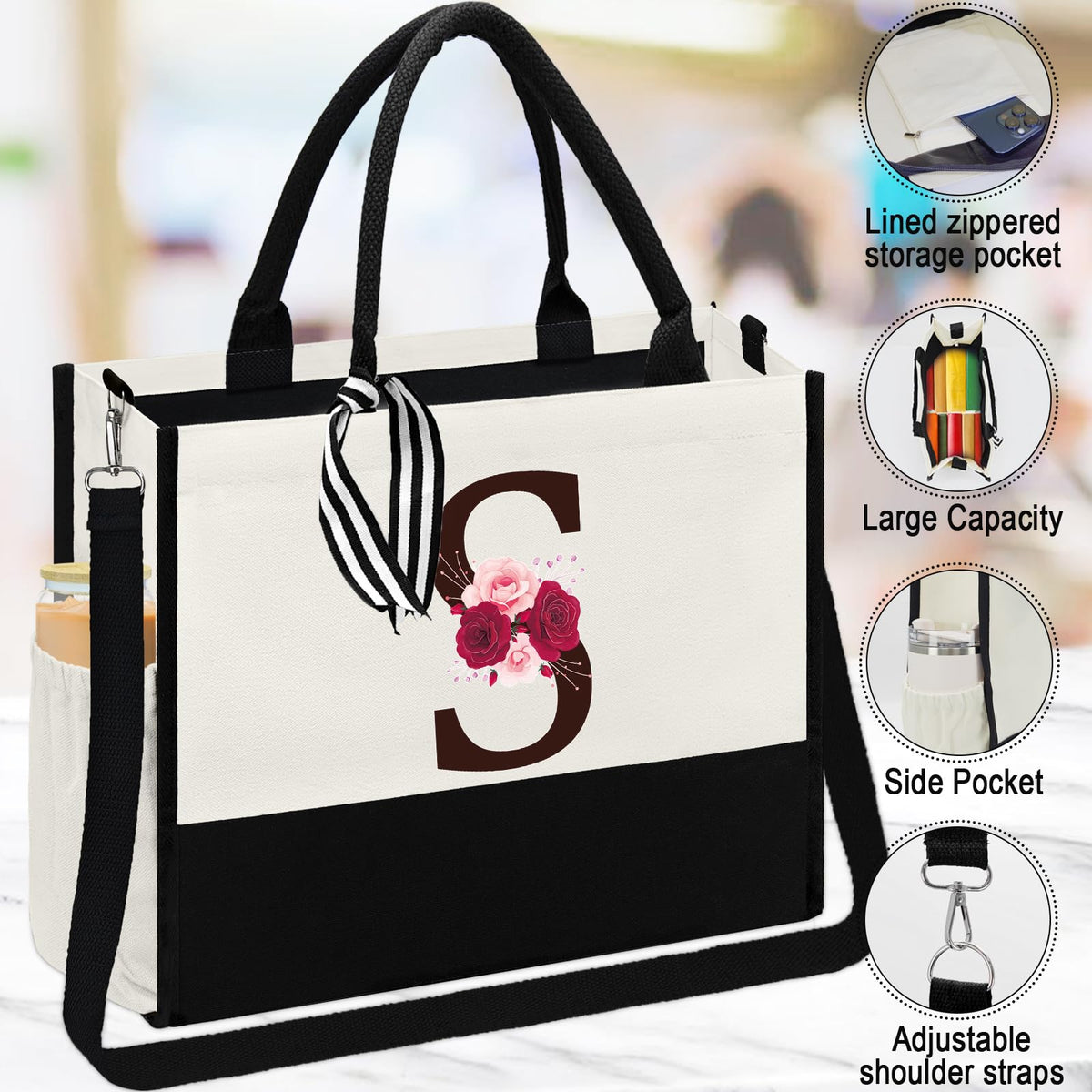 AiHeart Mother's Day Gifts,Birthday Gift for Women,Initial Canvas Tote Bag,Personalized Gifts for Women,16oz Glass Cup With Straw,Jewelry Storage Box,Monogrammed Gift for Woman Mom Sister Bestie-S