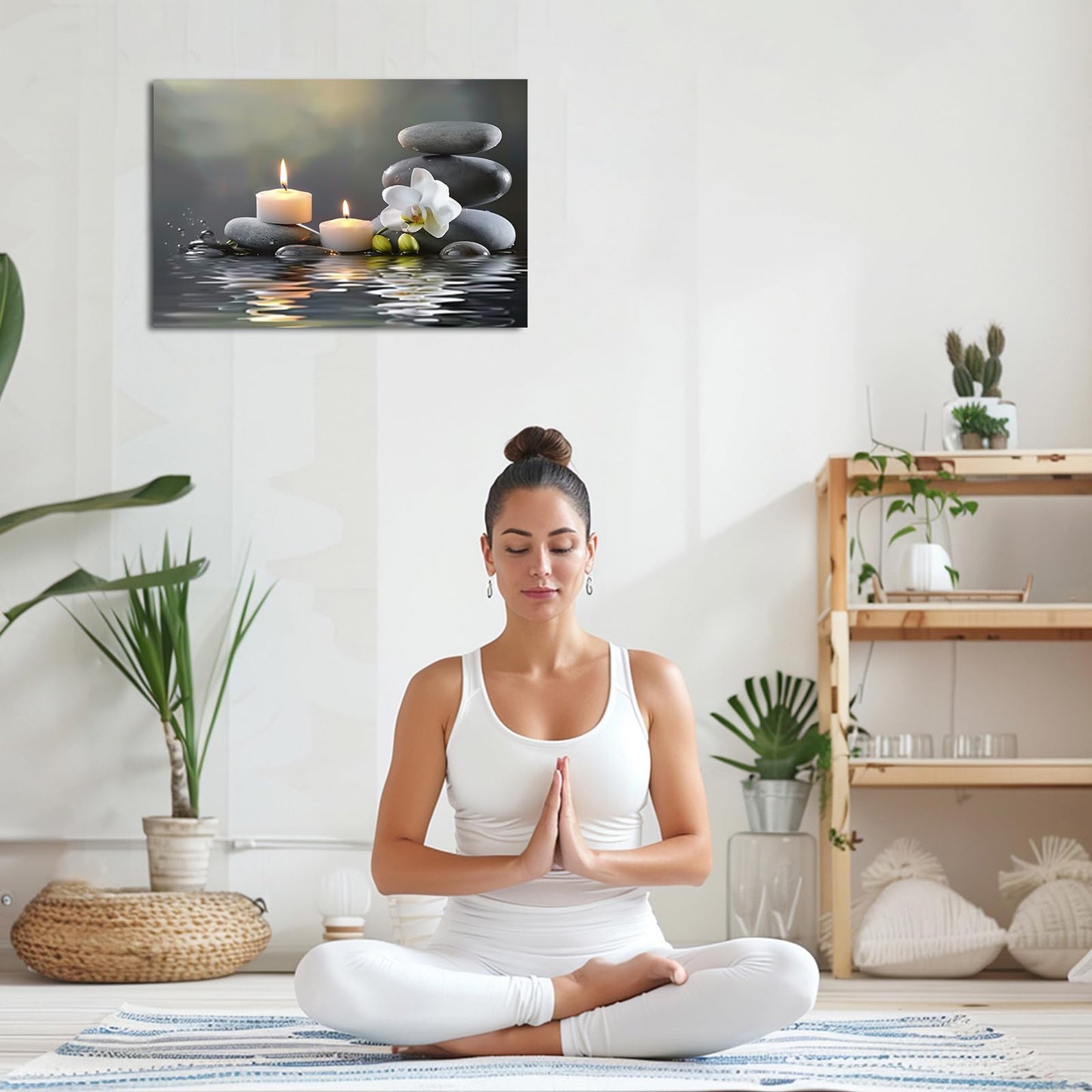 PBXBJY Bathroom Wall Art Orchid Flower with Black Zen Stone Pictures SPA Candle Picture Prints Still Life Canvas Painting for Meditation Spiritual Room Decor (White, (16.00" x 24.00"))